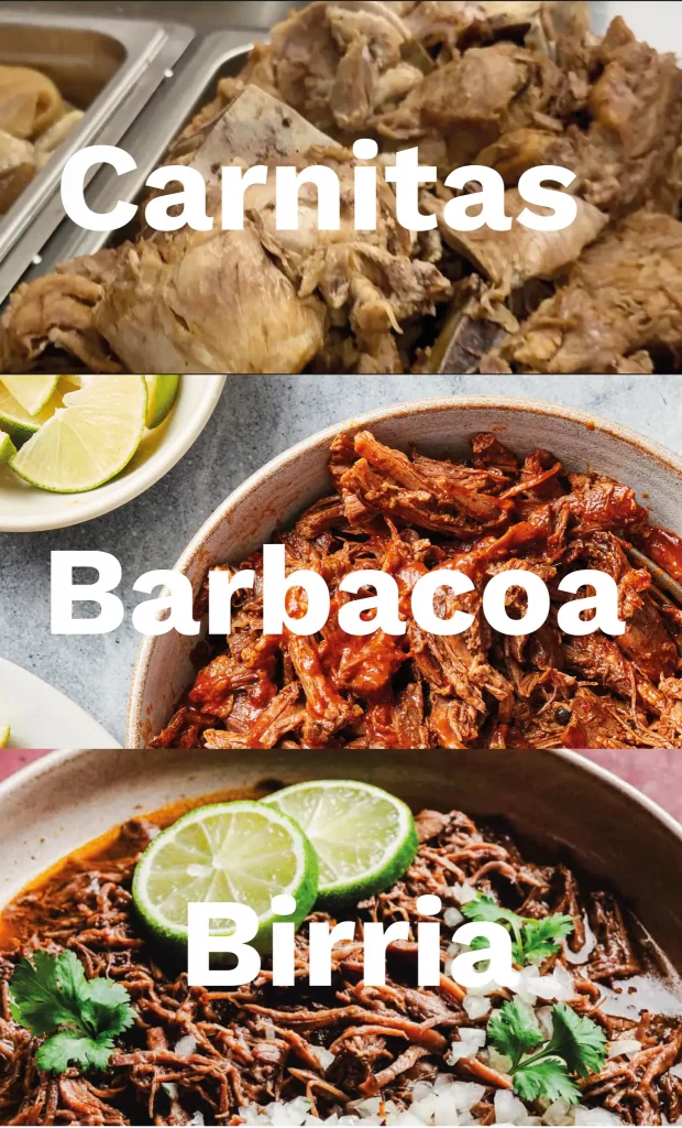 Carnitas, barbacoa y birria mexicana recién preparada en supermercado latino en Tulsa Oklahoma.