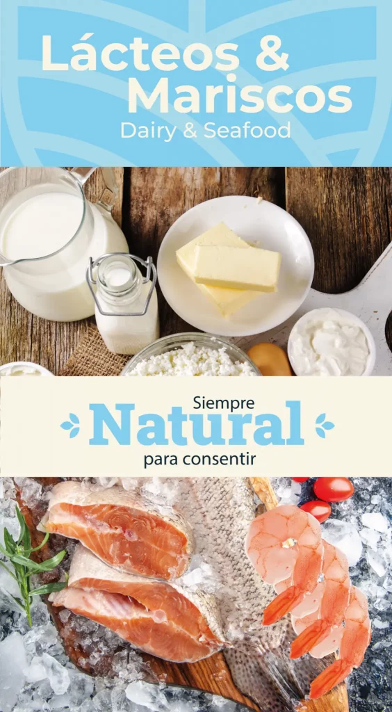 Sección de lácteos y mariscos en tienda latina en Tulsa Oklahoma con productos frescos y tradicionales