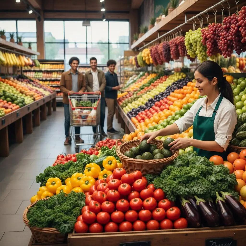 Interior de La Cosecha Supermercado en Tulsa mostrando una sección de frutería vibrante y organizada. En primer plano se ven tomates rojos brillantes, pimientos amarillos y aguacates frescos. Al fondo, clientes con carritos de compra y una empleada con delantal verde acomodando la mercancía del día en un ambiente iluminado y moderno.